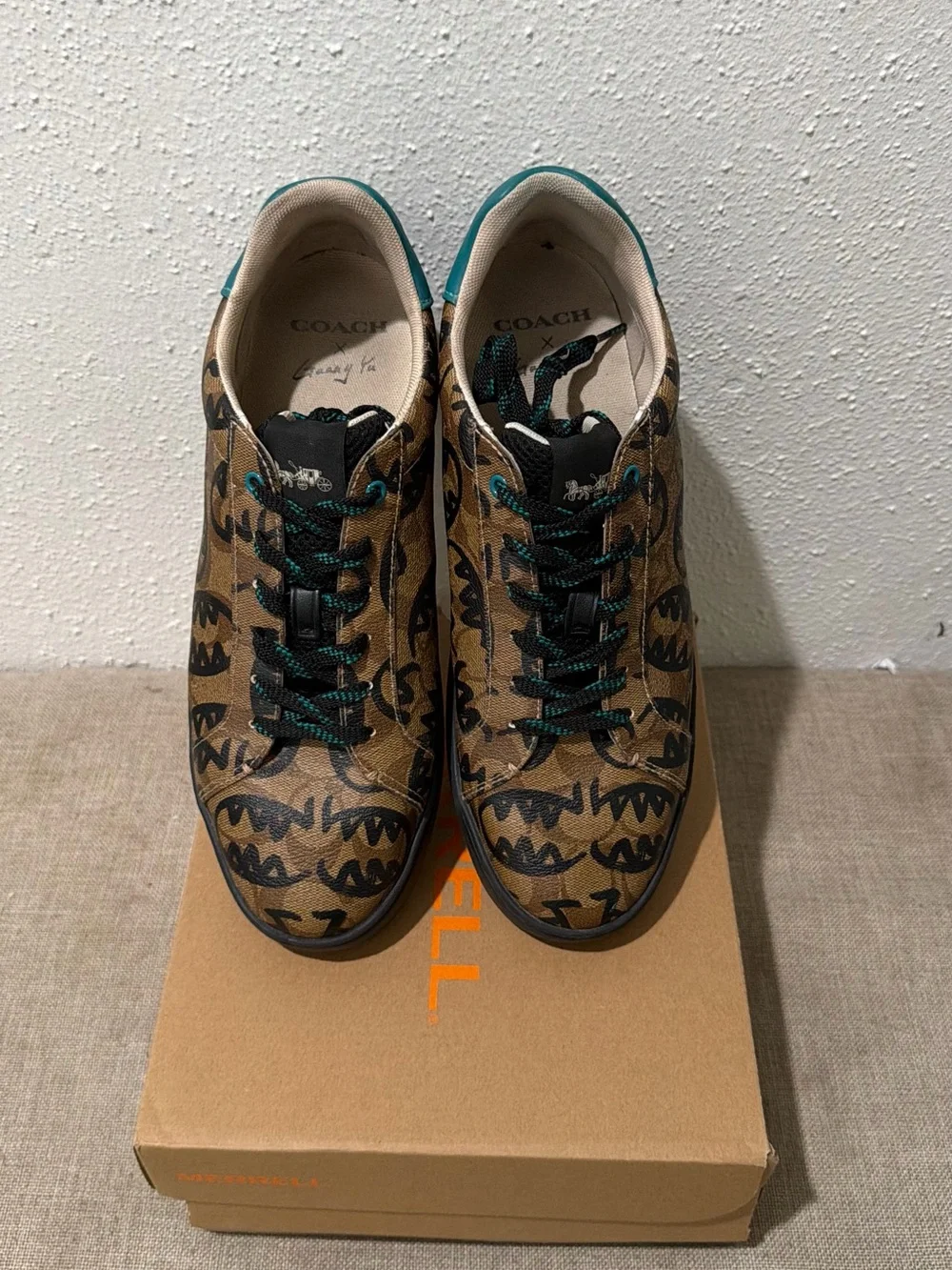 Coach Brown Logo-Print Low Top Sneakers with Teal Accents